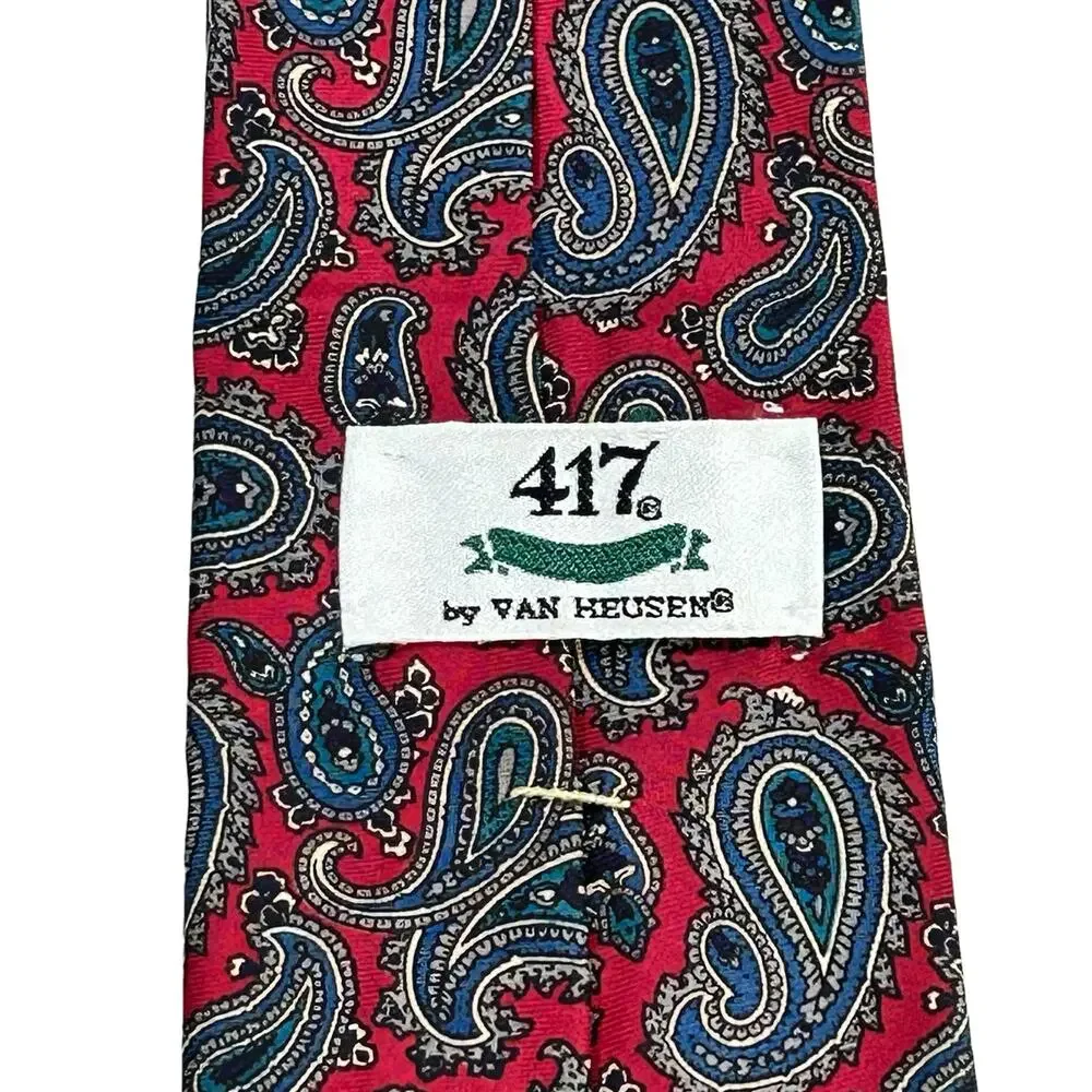 417 by Van Heusen Tie Red Blue Paisley Classic Pointed Red Blue Silk Necktie